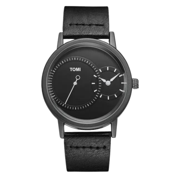 Tomi Black Dual Time Men Luxury Leather Strap Watch