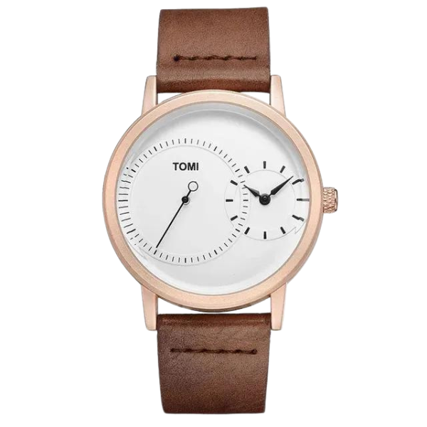 Tomi Brown Dual Time Men Luxury Leather Strap Watch